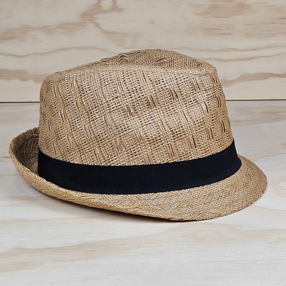 Forever 21 Tan Paper Straw Fedora Hat Black Ribbon Band One Size 57cm